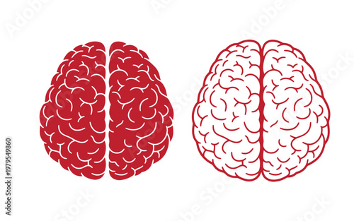 Red and outlined brain hemispheres, side by side, on white background, red brain anatomy