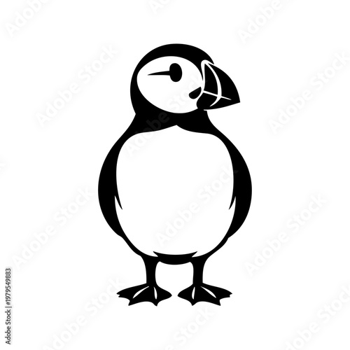 Logotipo con dibujo minimalista con líneas de un frailecillo de pie visto de frente 