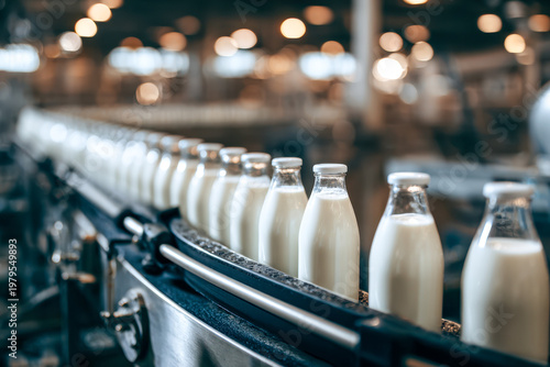 Bottles filled with fresh milk moving along an automated conveyor belt system in a modern dairy processing plant with industrial lighting