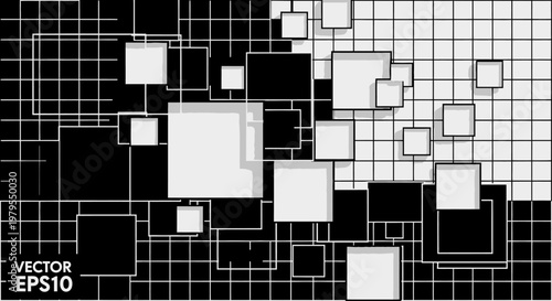 Abstract Geometric Pattern with Black and White Squares and Grids