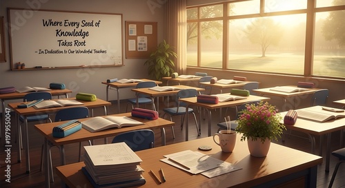 Empty Classroom Bathed in Golden Morning Sunlight Through Large Windows.