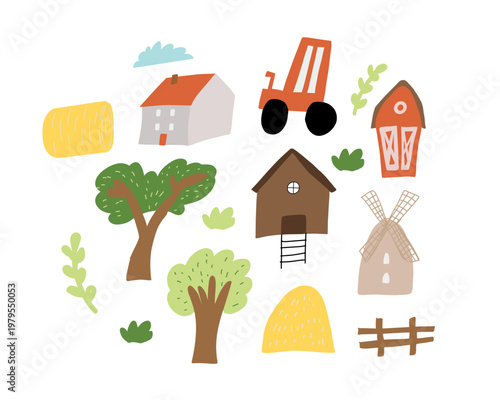 Farm landscape elements with vegetables, barn and rural objects. Bright agricultural composition for food and farming themes.