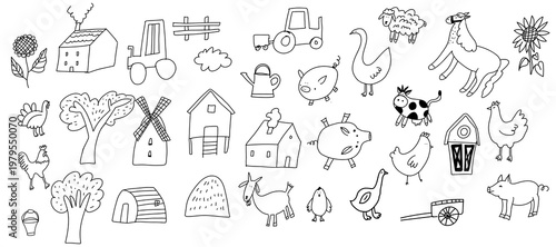 Large set of farm animals and rural elements in line style. Collection includes cow, pig, chicken, tractor and farm objects for educational and agricultural design.