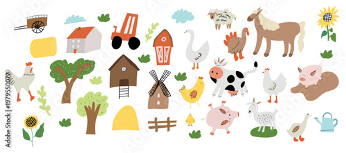 farm animals collection with various rural elements. Friendly and clean composition for children’s and educational use.