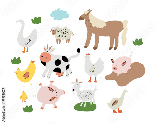 Cute farm animals group including goat, pig, duck and other livestock. Ideal for children’s books, educational materials and rural themes.