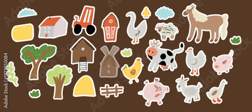 Colorful farm animals and objects collection on dark background. Bright rural set with livestock, plants and farming elements.