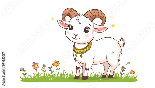 Cute Cartoon Goat Wearing Decorative Necklace in Sunny Meadow
