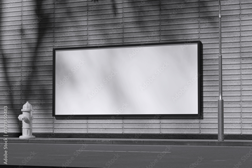 Fototapeta premium White horizontal street billboard on concrete wall and roadside for mockup template