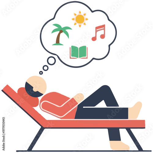 Man Relaxing on Lounge Chair Daydreaming of Vacation and Leisure Activities Flat Design Vector Illustration