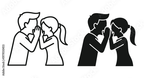 Two stylized cartoon people gossiping with black and white color scheme
