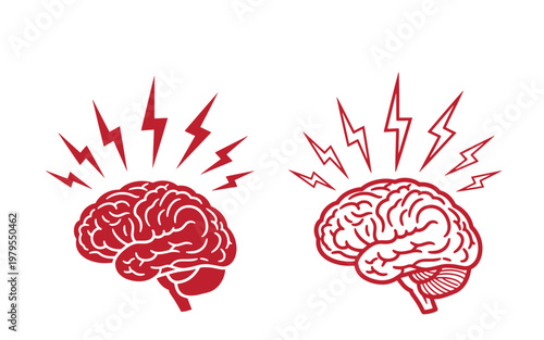 Red brain with lightning bolts, headache and migraine concept
