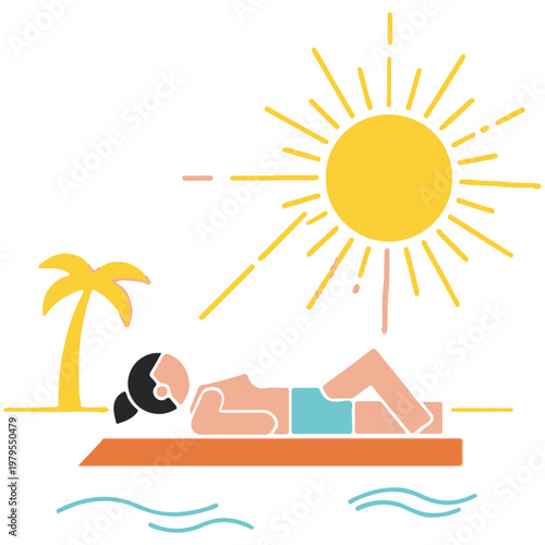 Minimalist flat design vector illustration of a person sunbathing on a beach under a bright sun for summer vacation