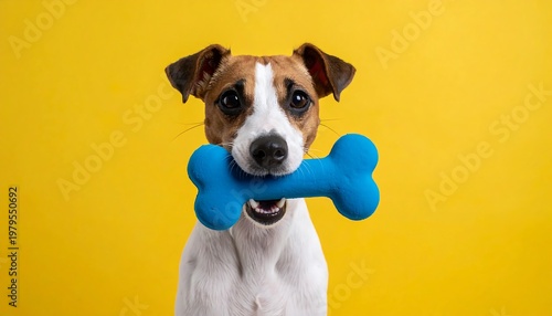 Happy Jack Russell Terrier Dog Holding Blue Bone Toy.