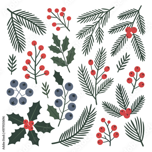 Green pine tree branches with red berries and blue flowers green needles