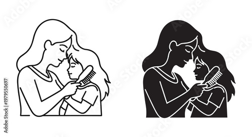 Motherhood portrayal of love and care combing daughter's hair, in black and white