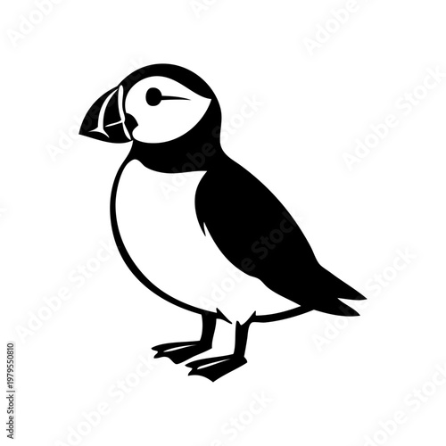 Logotipo con dibujo minimalista con líneas de un frailecillo de pie visto de perfil