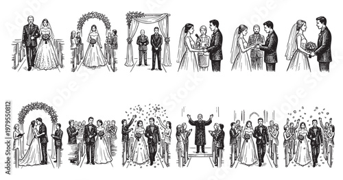 A collection of hand-drawn black and white illustrations depicting various moments from a wedding ceremony, including the processional, vows, and recessional.