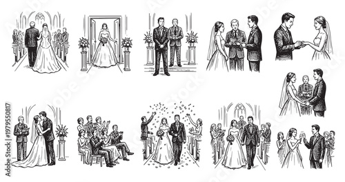 A collection of black and white line art illustrations depicting various moments of a wedding ceremony, from vows to celebration, suitable for editorial use.