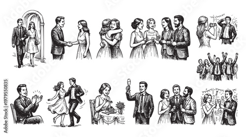 A collection of vintage-style pen and ink illustrations depicts various social gatherings, including couples arriving, greeting friends, and celebrating with drinks and dancing.