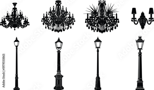 Vintage Lighting Silhouette Collection Featuring Luxury Chandeliers, Elegant Wall Sconces, and Classic Antique Street Lamps Isolated on White Background for Interior and Urban Design Projects