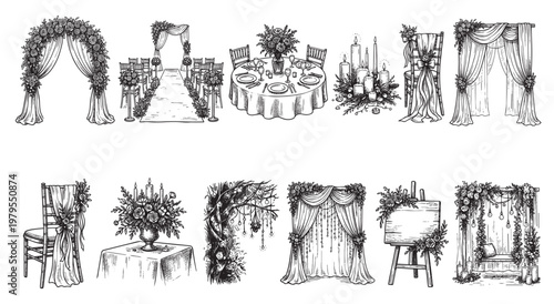 A collection of hand-drawn wedding decor elements including floral arches, ceremony aisles, decorated chairs, tablesettings, candles, and backdrops, perfect for invitations or design.