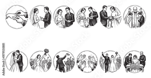 A collection of line art illustrations in circular frames depicts various stages of a wedding ceremony, from the ring exchange to the signing of the marriage license.