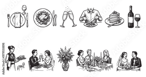 A charming hand-drawn illustration set depicting various elements of celebration, including formal dining, wedding toasts, a wedding cake, and a couple enjoying a candlelit dinner.