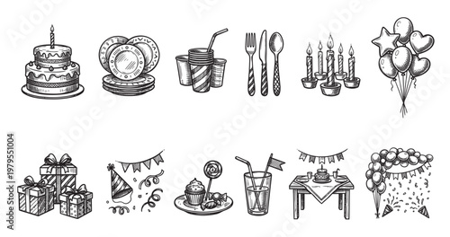 A collection of black and white hand-drawn illustrations depicts various elements for a birthday party, including cakes, gifts, balloons, and party favors.