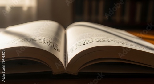 Open Book Bathed in Soft Sunlight on a Wooden Table.