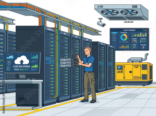 Data center technician working with server racks, advanced technology, and cloud storage systems
