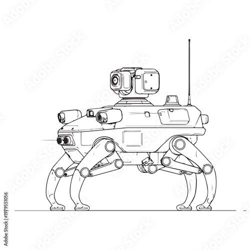 Mechanical quadruped robot with surveillance camera and antenna line art vector illustration for coloring book