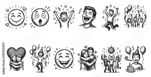 A collection of hand-drawn illustrations depicts various happy moments including dancing, hugging, and celebrating with balloons and confetti in a charming doodle art style.