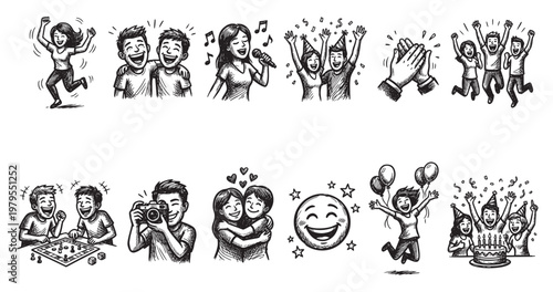 Collection of diverse hand-drawn sketches depicting happy people enjoying various celebratory activities like dancing, singing, playing games, and birthday parties, conveying joy and excitement.