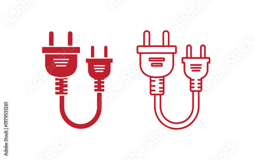 Red electrical plugs and sockets with cords on white background