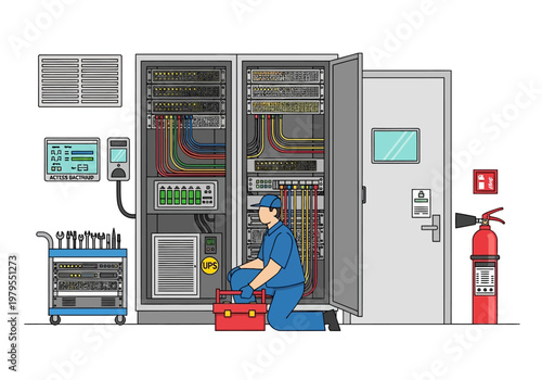 Technician working on server racks in a data center, maintenance and IT support
