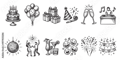 A collection of hand-drawn black and white doodle illustrations representing various party and celebration elements, perfect for invitations, cards, and decorations.