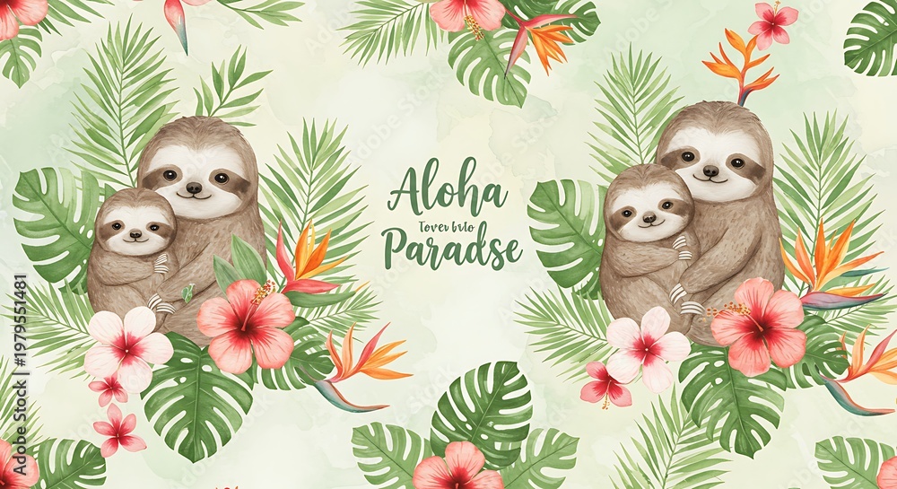 Naklejka premium Cute Sloths in a Tropical Paradise Floral Pattern
