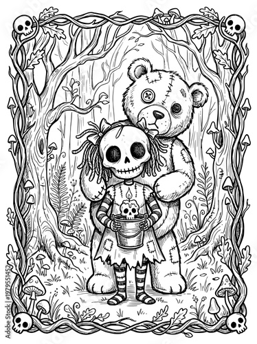creepy big teddy bear doll and freaky skull girl doll. black and white line drawing. coloring book for adult. Halloween.