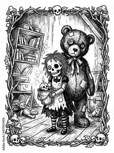 creepy big teddy bear doll and freaky skull girl doll. black and white line drawing. coloring book for adult. Halloween.