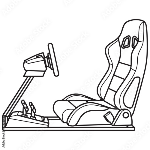 Sim Racing Rig with Bucket Seat Steering Wheel and Pedals Vector Line Art Illustration for Gaming and Esports