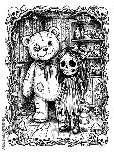 creepy big teddy bear doll and freaky skull girl doll. black and white line drawing. coloring book for adult. Halloween.