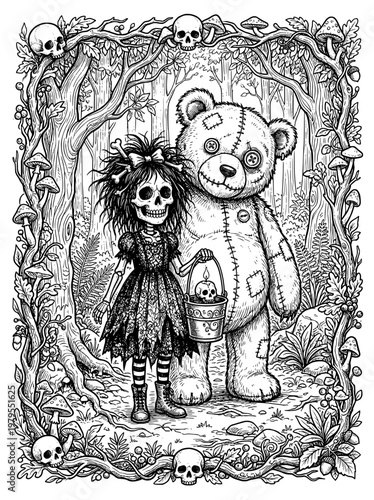 creepy big teddy bear doll and freaky skull girl doll. black and white line drawing. coloring book for adult. Halloween.