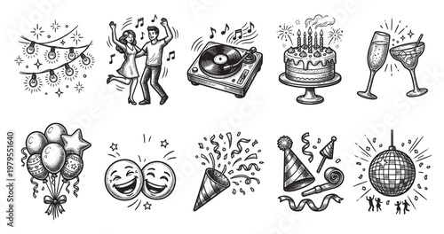 A collection of hand-drawn black and white icons representing various party elements, including dancing couples, a cake, balloons, and disco ball, evoking joy and celebration.