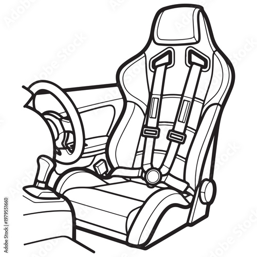 Racing car bucket seat with five point safety harness and steering wheel line art vector illustration