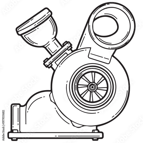Turbocharger automotive part vector line art illustration for mechanical engineering and car tuning concepts