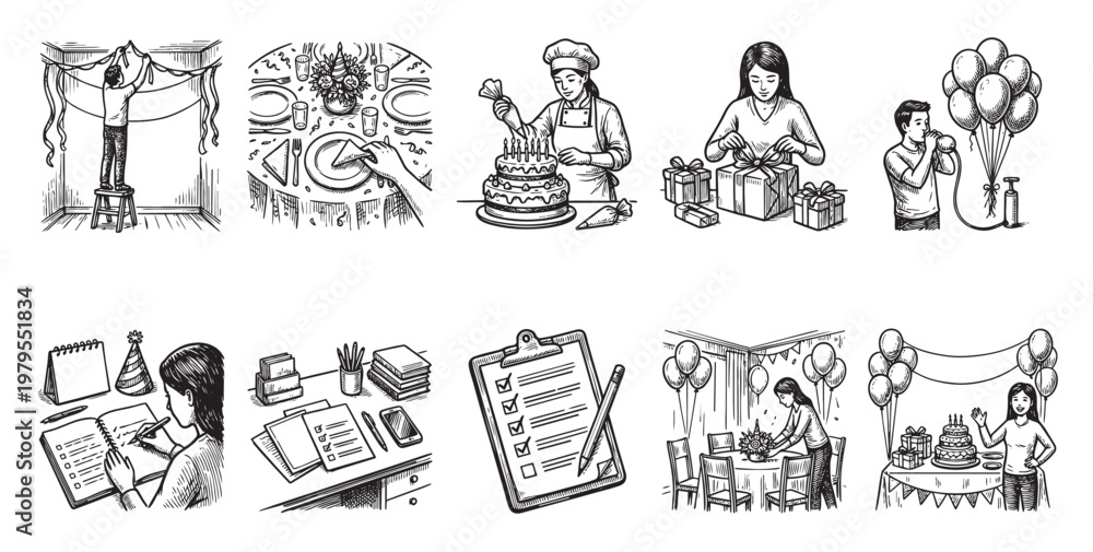 Obraz premium A collage of black and white line drawings depicting various aspects of party preparation, including decorating, gift wrapping, cake making, and guest arrival.
