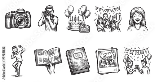 A set of hand-drawn black and white icons depicting elements of a birthday celebration including cameras, people, cake, balloons, and photo albums.