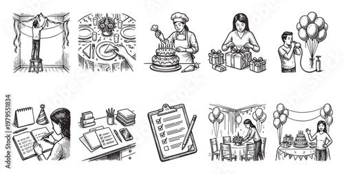 A collage of black and white line drawings depicting various aspects of party preparation, including decorating, gift wrapping, cake making, and guest arrival.