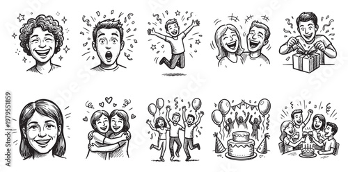 A collection of hand-drawn sketches depicts diverse people experiencing pure joy and excitement at parties, including celebrations, gift-giving, and social gatherings.