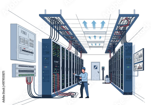 Modern Data Center with Server Racks, Networking Equipment, and Technician